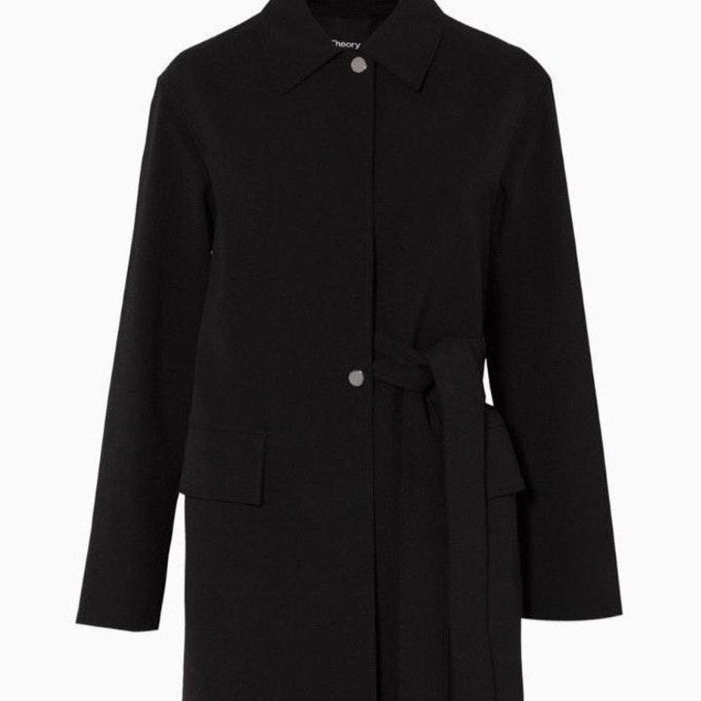 Theory Black Hudson Twill Cotton Belted Trench Car Coat - Size Small NWT